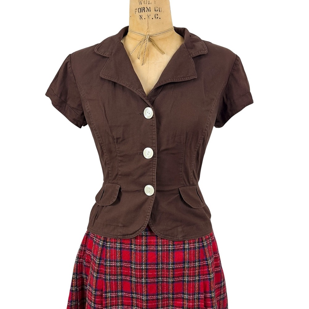 90s Brown Cropped Tailored Blazer Short Sleeve Dark Academia Minimalist Size 8